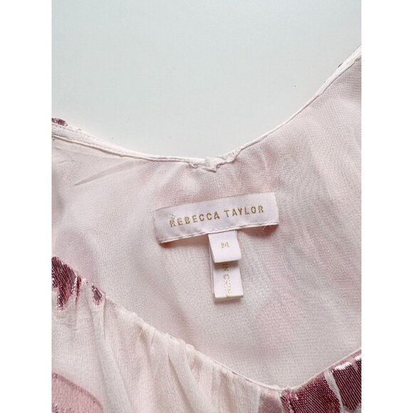 REBECCA TAYLOR Pink Metallic Floral Silk Georgette Flutter Sleeve Blouse, Size M - Picture 12 of 15